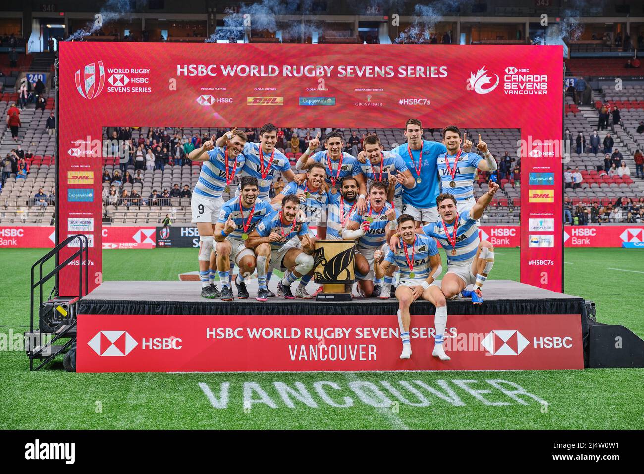 Vancouver, Kanada. 8.. März 2020. Argentinien feiert, nachdem es Fidschi beim HSBC World Rugby Sevens Series Finale am 2. Und 2022. Tag besiegt hat Stockfoto