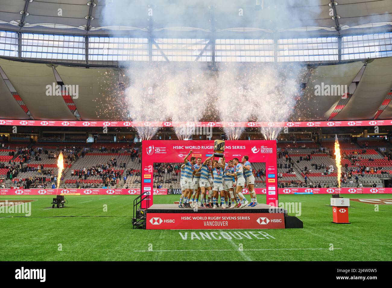 Vancouver, Kanada. 8.. März 2020. Argentinien feiert, nachdem es Fidschi beim HSBC World Rugby Sevens Series Finale am 2. Und 2022. Tag besiegt hat Stockfoto
