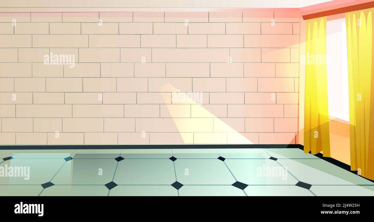 Leerer Zimmerhintergrund, großes helles Apartment mit dekorativer Ziegelwand, gefliestem Boden und Fenster mit gelben Vorhängen. Abstraktes Studio, Büro, Küche innen Cartoon-Vektor-Illustration Stock Vektor