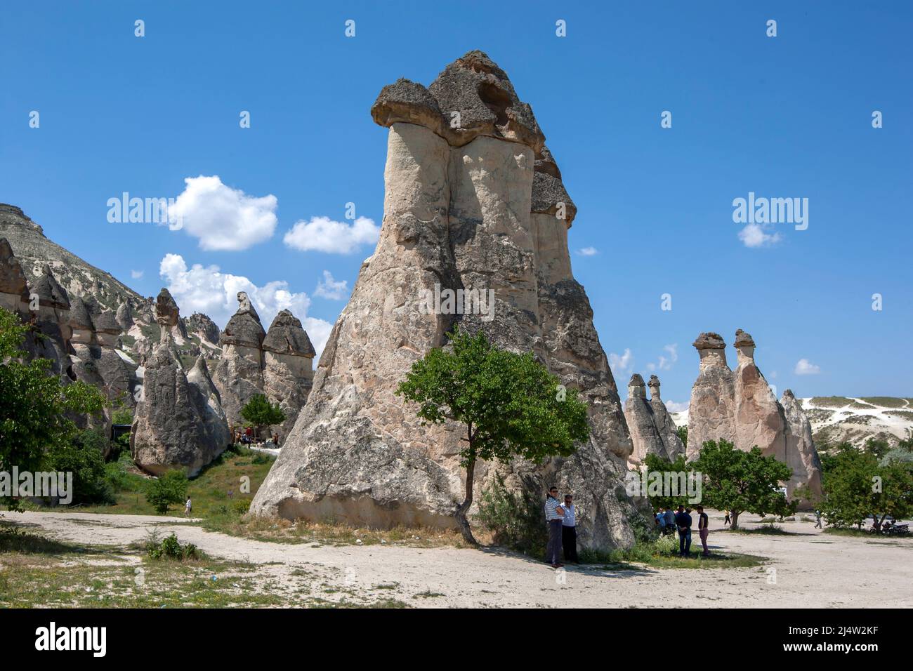 In Pasabag in der Region Kappadokien in der Türkei werden Touristen im Schatten eines Baumes neben einem Feenkamin untergebracht. Stockfoto