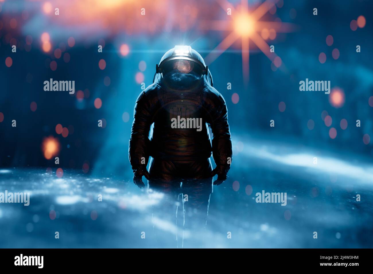 Spaceman im Weltraum. Weltraumforschung, Wissenschaft oder Gaming-Hintergrund. Elemente im Bild, die von der NASA eingerichtet wurden. 3D Rendern. Stockfoto