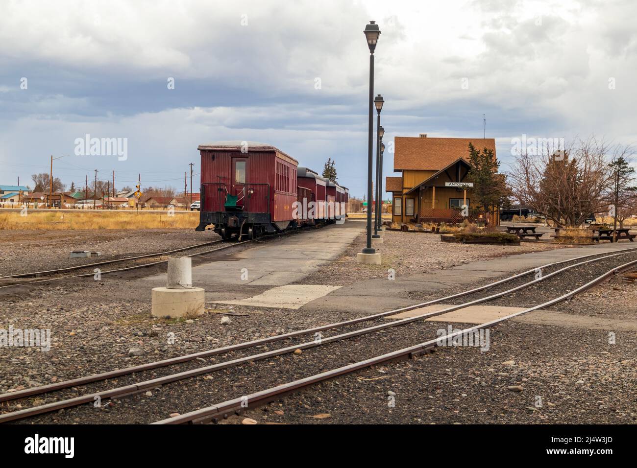 Old Railroad Station in der Stadt Antonito, Colorado Stockfoto