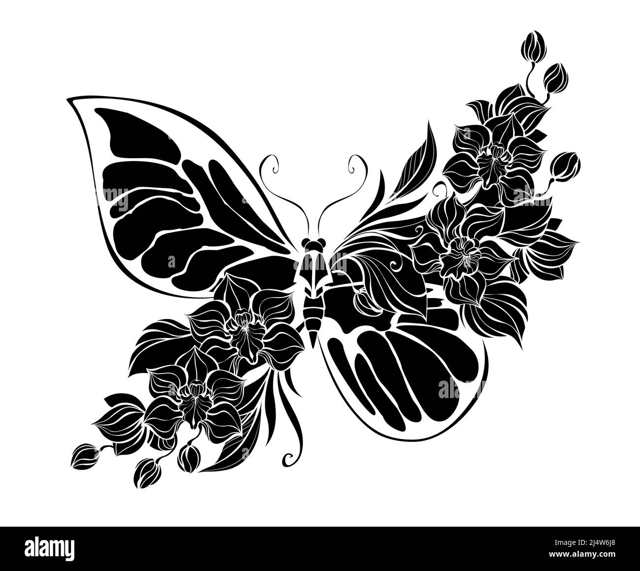 Silhouette, stilisierter, künstlerischer Schmetterling, verziert mit exotischen, blühenden Orchideen auf weißem Hintergrund. Stock Vektor