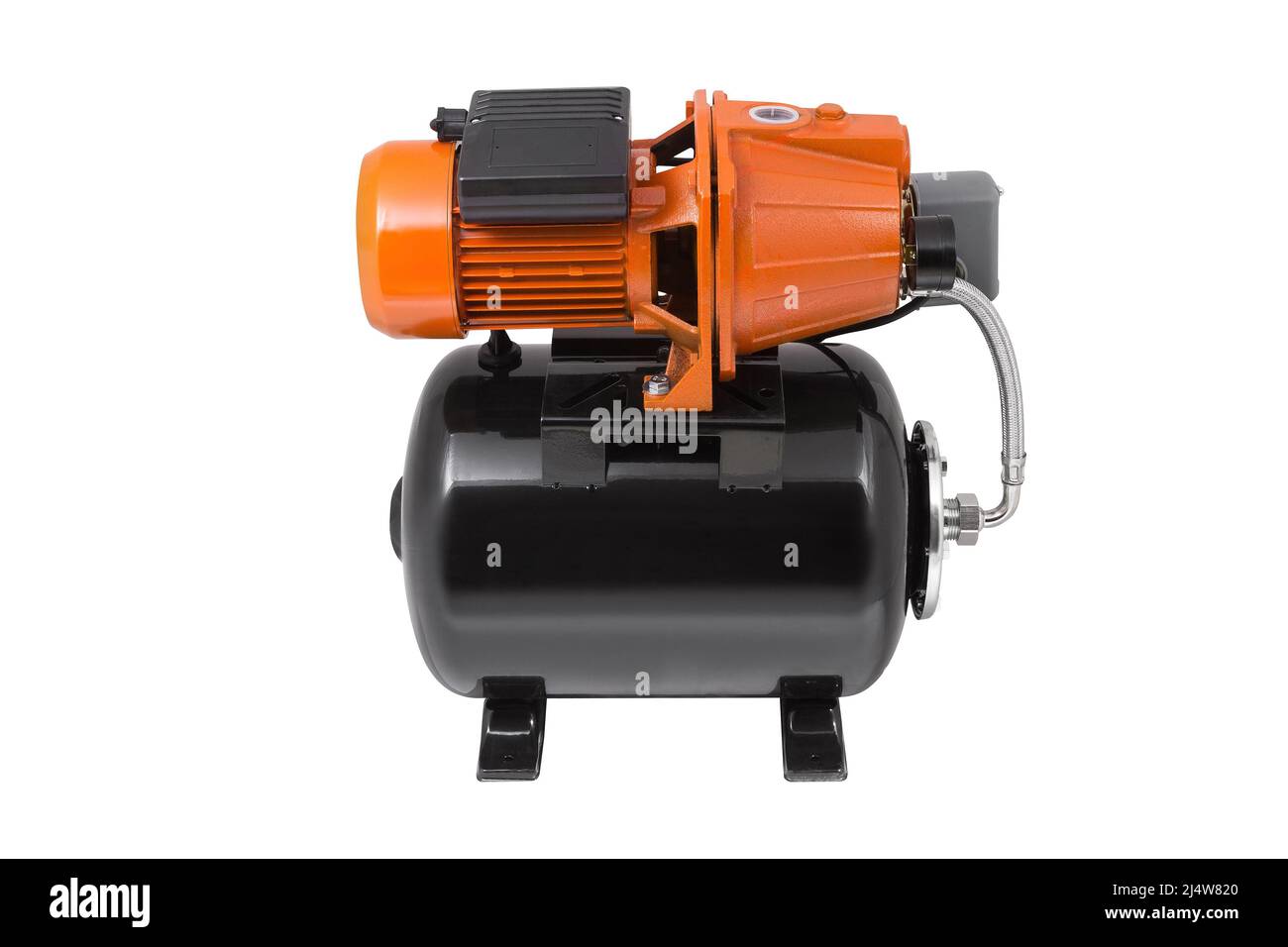 Die automatische Wasserpumpenstation ist schwarz isoliert auf weißem Hintergrund. Schwarzwasserpumpenstation Stockfoto