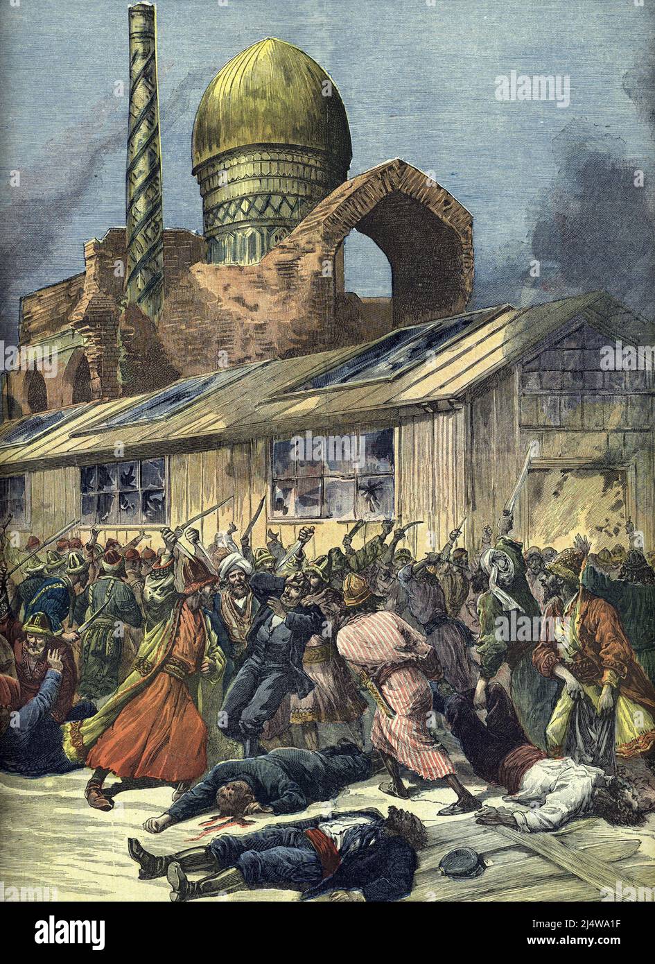 Cinquieme epidemie (pandemie) de Cholera 1892 : les troubles et emeutes en Russie ici dans la ville d'Astrachan dus a la Hungersnot - la foule lynche les medecins (Unruhen in der Stadt Astrachan in Russland zur Zeit der fünften Cholera-Pandemie (1881–1896) : Der wütende Mob lyncht die Ärzte) Illustration tiree de 'Le Petit Journal' 6 aout 1892 Collection privee Stockfoto