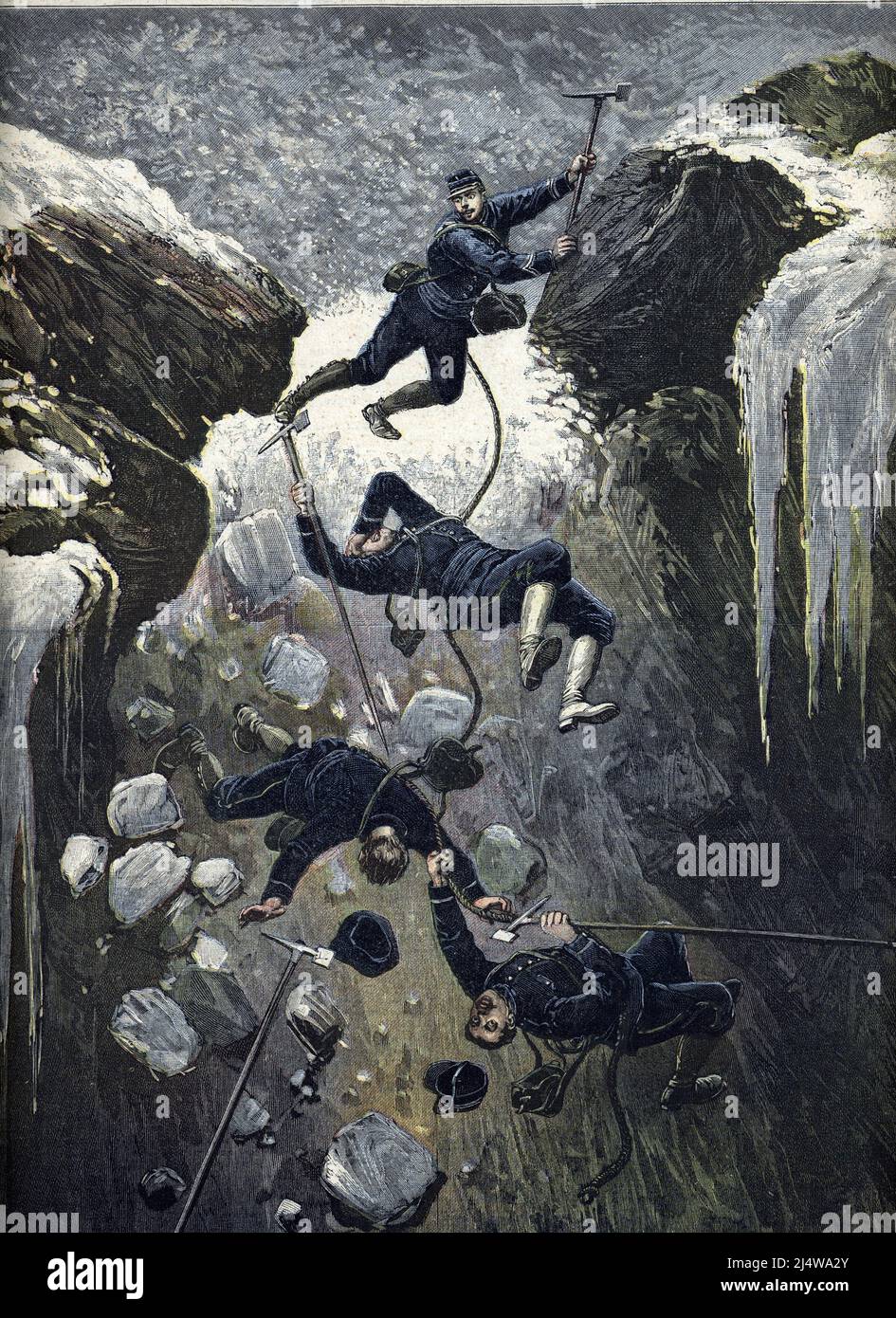 'Chute mortelle de plusieurs chasseurs alpins au sommet de la Grande Casse dans le Massiv de la Vanoise le 14 juillet 1892' (tödlicher Sturz mehrerer Chasseurs alpins aus dem Grande Casse im Vanoise-Massiv am 14. Juli 1892) Illustration tiree de 'Le Petit Journal' 23 juillet 1892 Collection privee Stockfoto 'Chute mortelle de plusieurs chasseurs alpins au sommet de la Grande Casse dans le Massiv de la Vanoise le 14 juillet 1892' (tödlicher Sturz mehrerer Chasseurs alpins aus dem Grande Casse im Vanoise-Massiv am 14. Juli 1892) Illustration tiree de 'Le Petit Journal' 23 juillet 1892 Collection privee Stockfoto