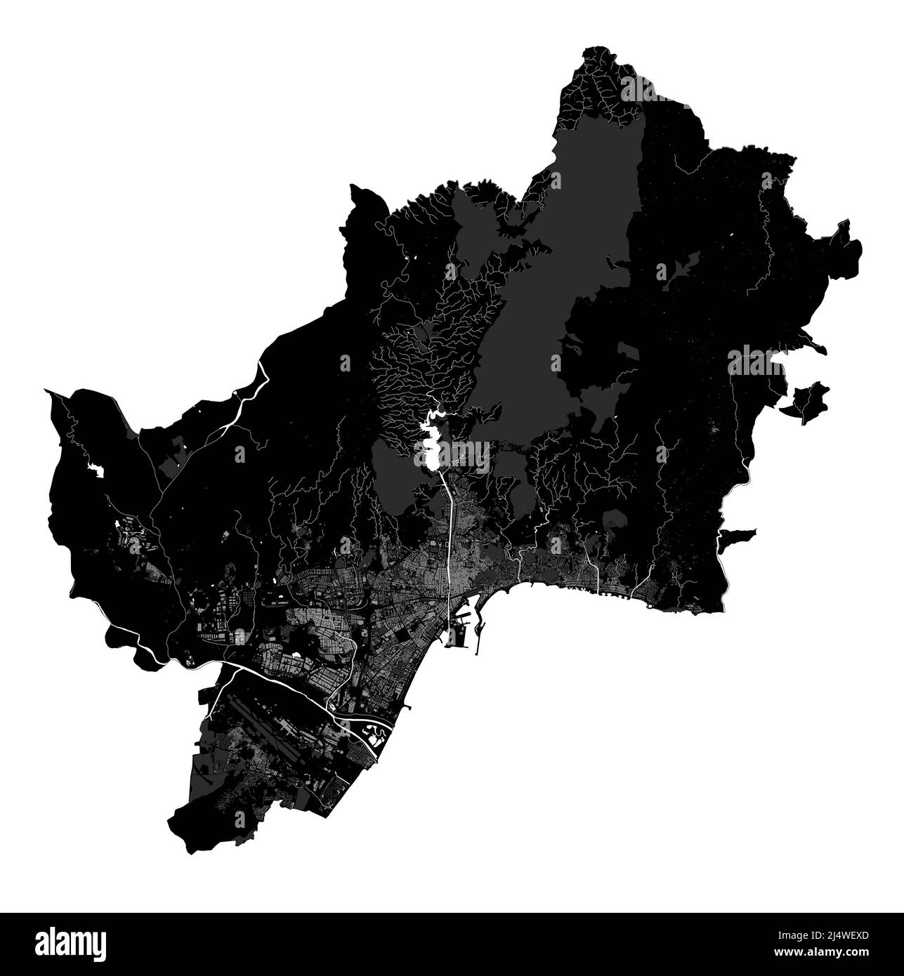 Karte von Malaga. Detaillierte Vektorkarte des Verwaltungsgebiets der Stadt Malaga. Blick auf das Stadtbild mit Postern und die Arie der Metropole. Schwarzes Land mit weißen Straßen, Straßen und Stock Vektor
