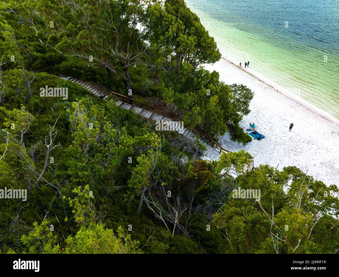 Luftaufnahme des WanderwegewegewegeLake Birabeen auf Fraser Island, Queensland, Australien Stockfoto