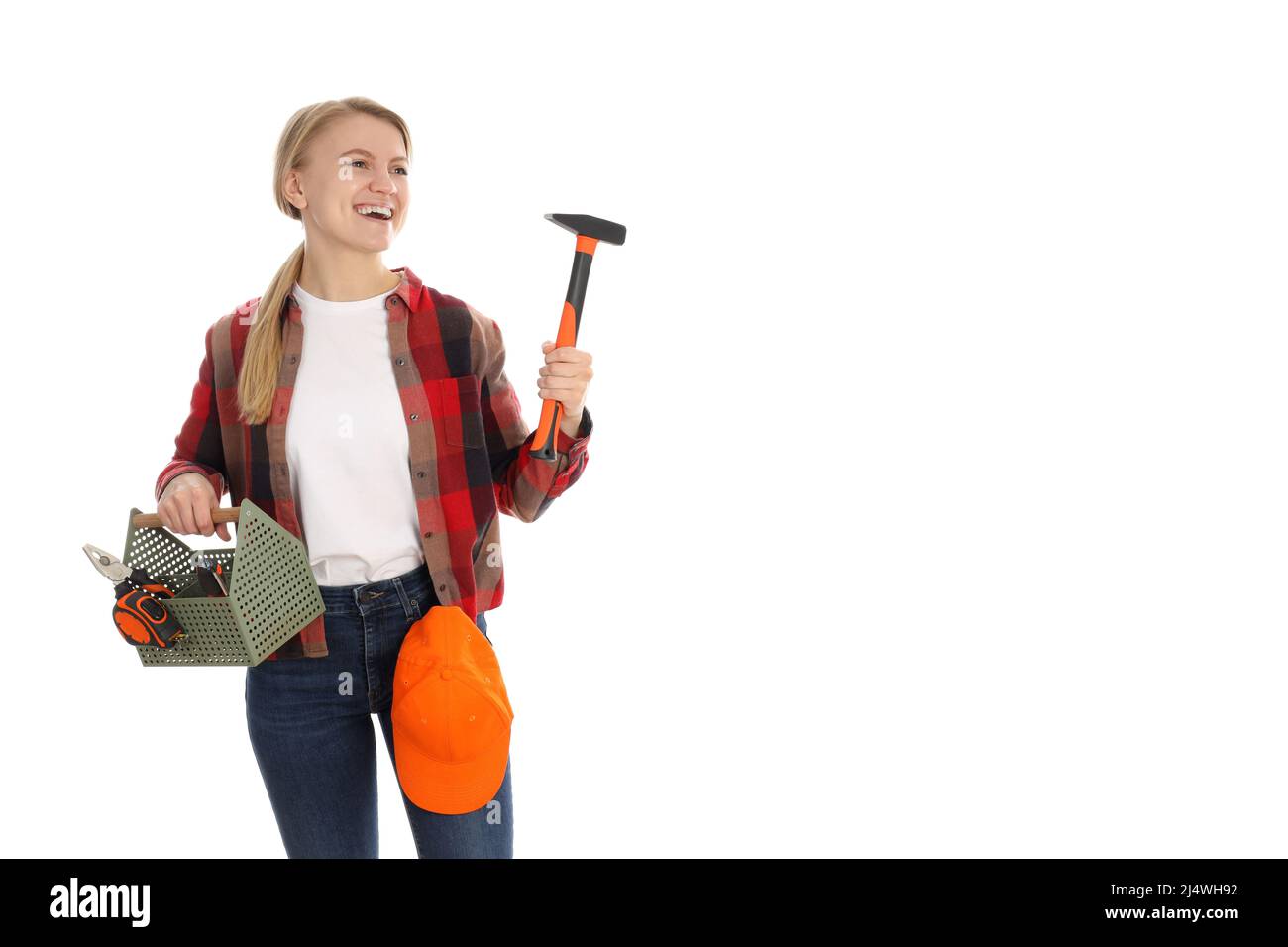 Konzept der Beschäftigung, junge Frau mit Werkzeugen isoliert auf weißem Hintergrund Stockfoto