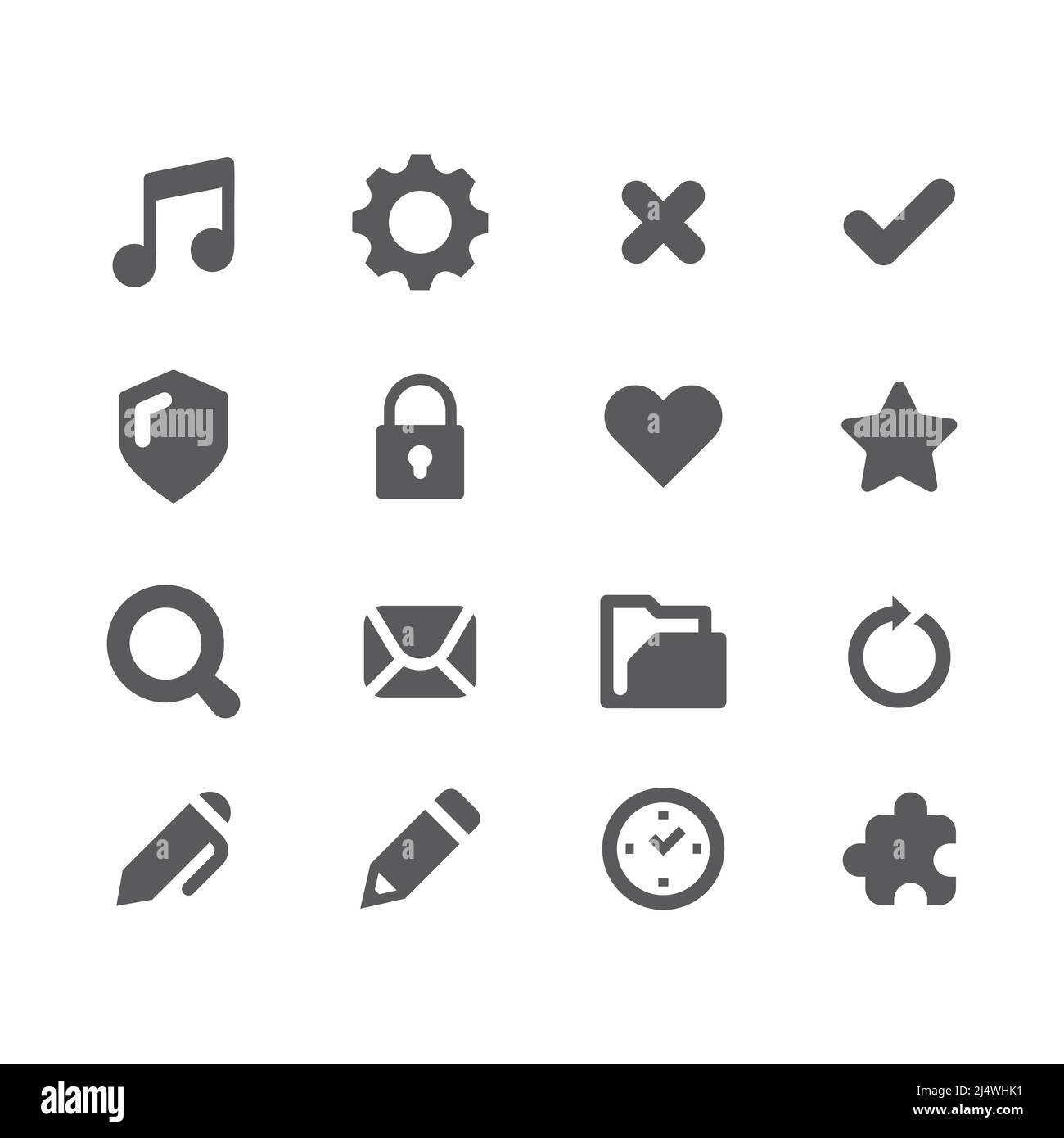 Web-Symbole, Vorhängeschloss, Umschlag und Suchsymbole. Stift und Bleistift, Dateiordner-Website-Icon-Set. Stock Vektor