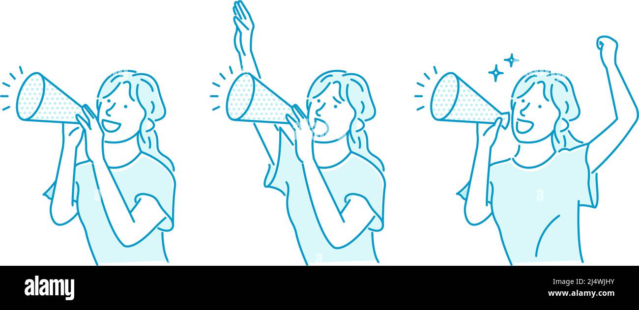 Vektordarstellung einer jungen Frau, die mit einem Megaphon eine laute Stimme macht Stock Vektor