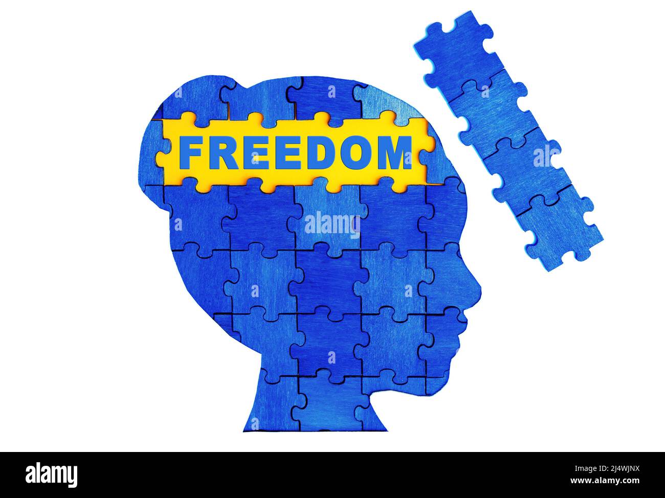 Silhouette eines weiblichen Kopfprofils aus hölzernen Puzzleteilen, die blau und gelb lackiert sind, um FREIHEIT beim Lesen zu erhalten. Stockfoto