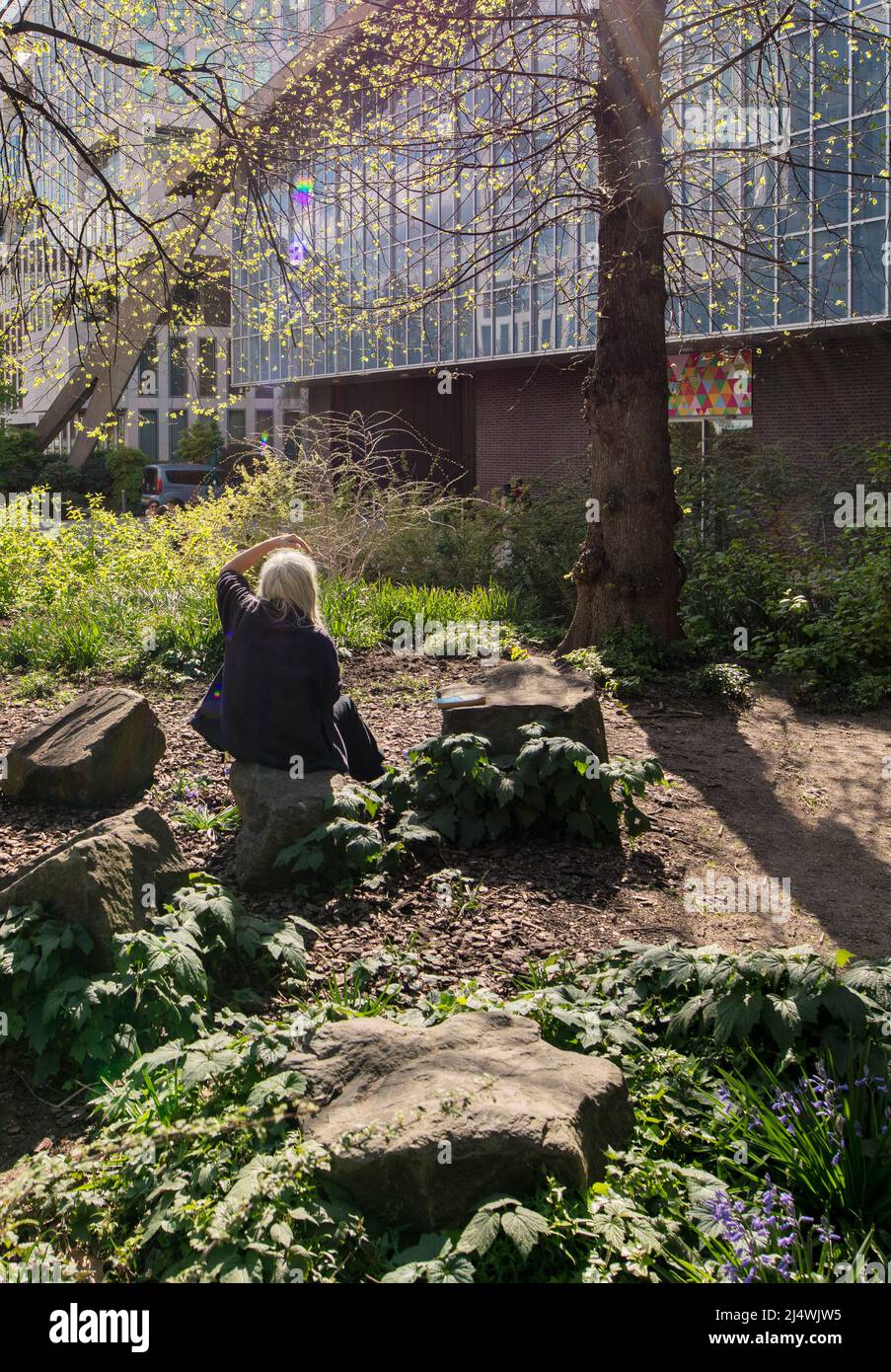Ältere Frau auf dem Gelände des Design Museums in Kensington, London. Gegründet von Sir Terence Conran Stockfoto