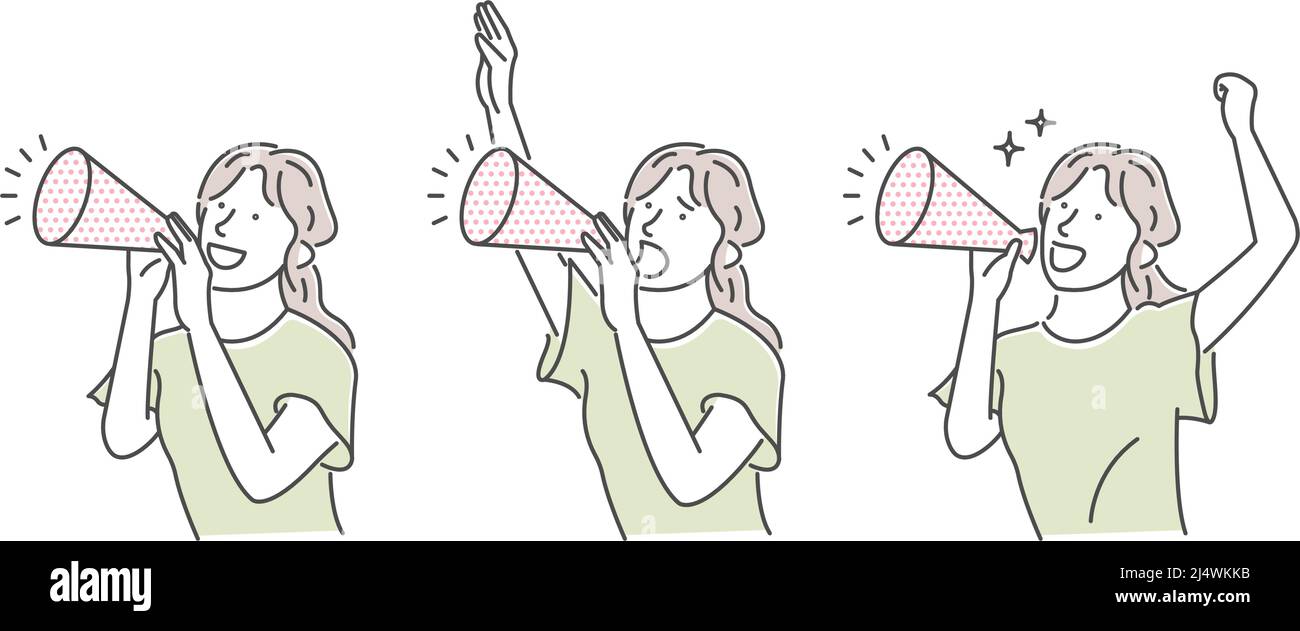 Vektordarstellung einer jungen Frau, die mit einem Megaphon eine laute Stimme macht Stock Vektor