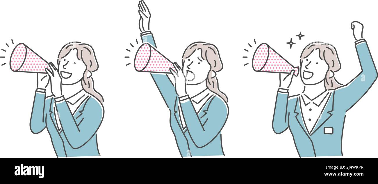 Vektordarstellung einer jungen Geschäftsfrau, die mit einem Megaphon eine laute Stimme macht Stock Vektor