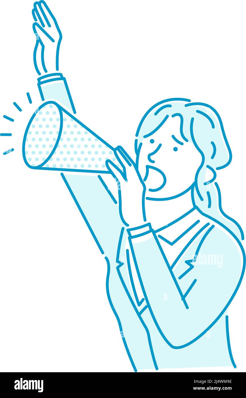 Vektordarstellung einer jungen Geschäftsfrau, die mit einem Megaphon eine laute Stimme macht Stock Vektor