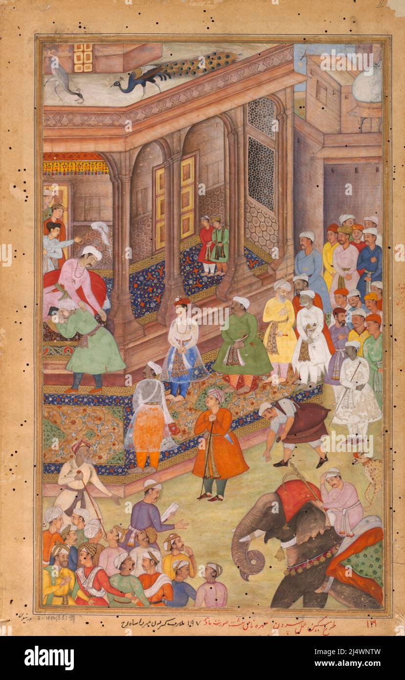 Akbar begrüßt Rajput-Herrscher und andere Adlige am Hof aus Akbarnama Stockfoto
