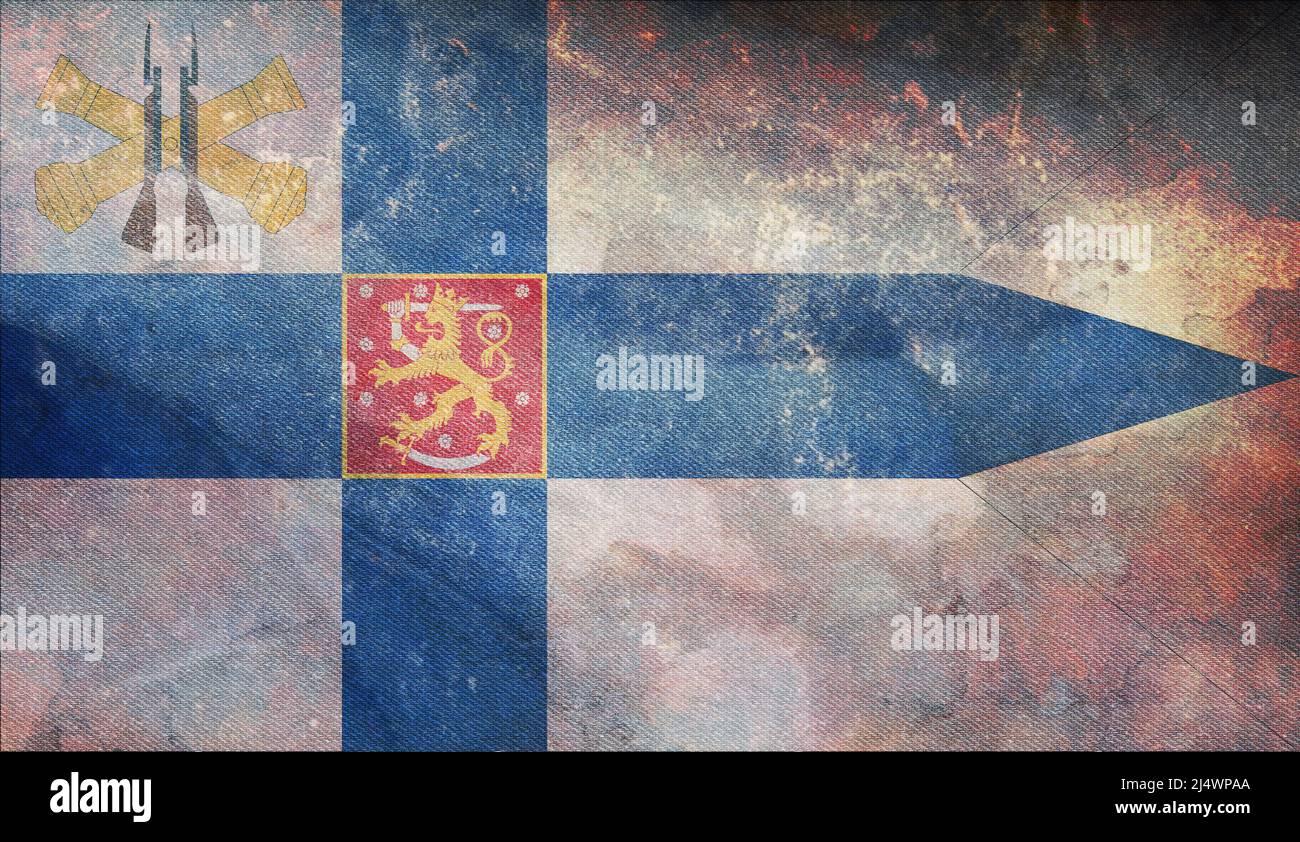 Draufsicht des Verteidigungsministers der Retro-Flagge, Finnland mit Grunge-Struktur. Finnische Reise- und Patriot-Konzept. Kein Fahnenmast. Ebenenlayout, Design. Flagge b Stockfoto