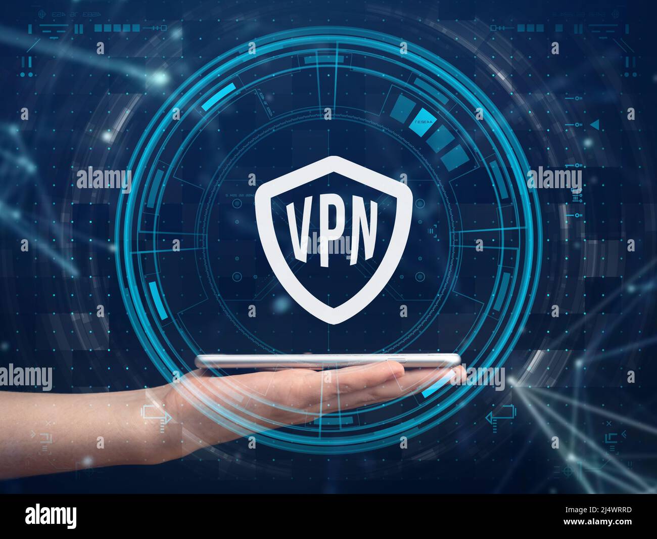 Mobiltelefon und VPN, Virtual Private Network. Sichere und private Verbindung, Datenschutzkonzept Stockfoto