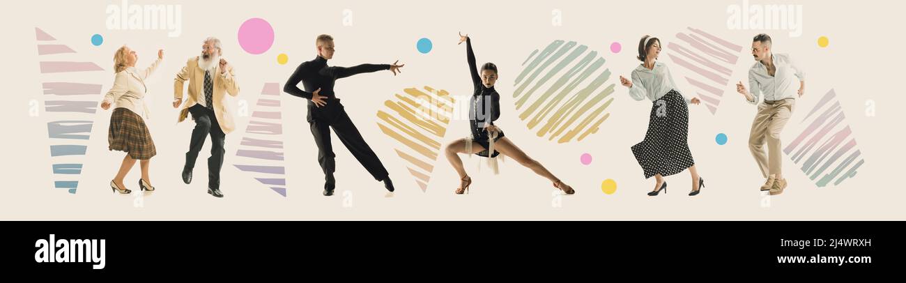Collage zeitgenössischer Kunst. Tanzende Paare im Retro 70s, 80s-Stil Kleidung auf hellem Hintergrund mit Zeichnungen. Konzept von Kunst, Musik, Mode. Stockfoto