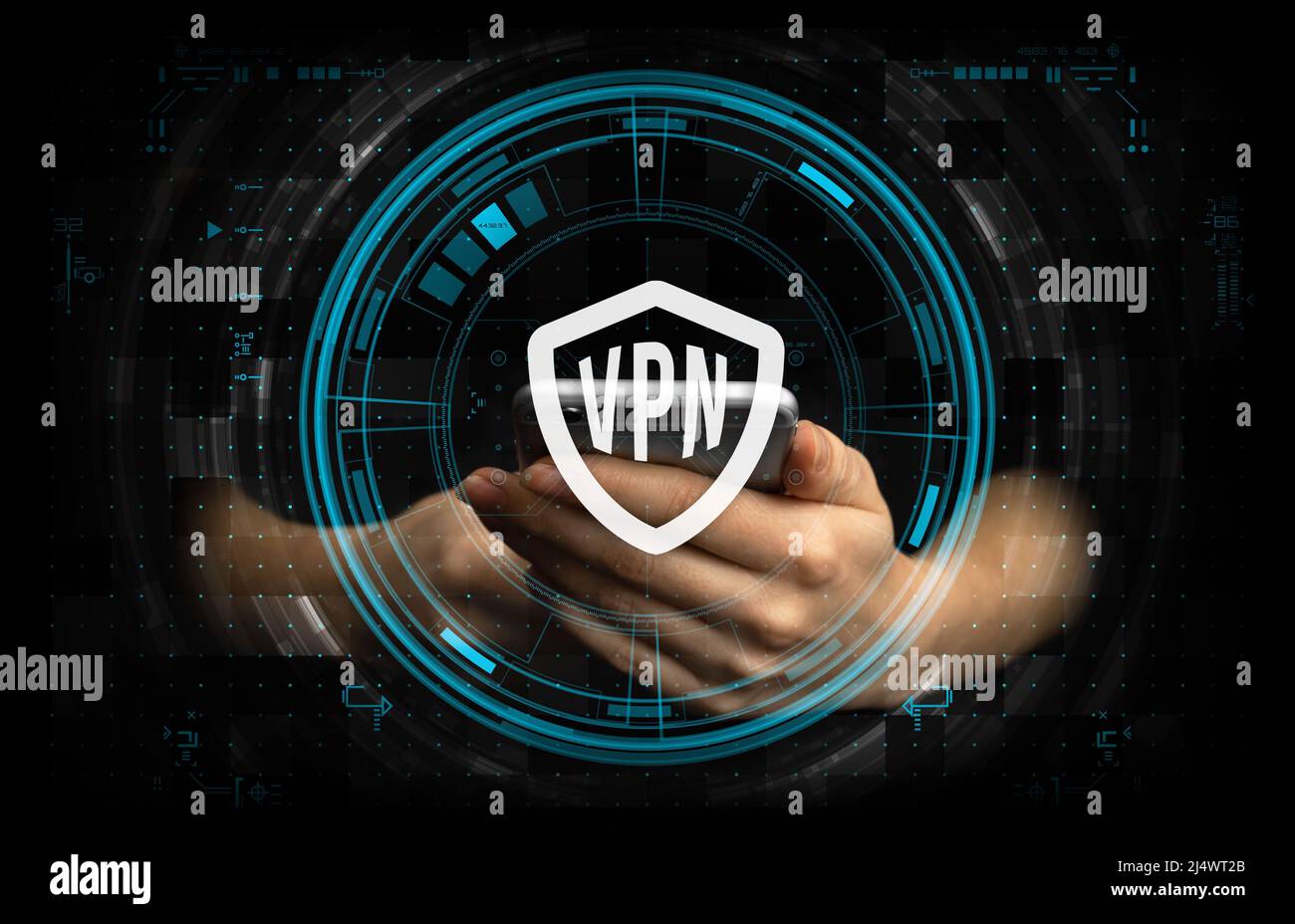 Mobiltelefon und VPN, Virtual Private Network. Sichere und private Verbindung, Datenschutzkonzept Stockfoto