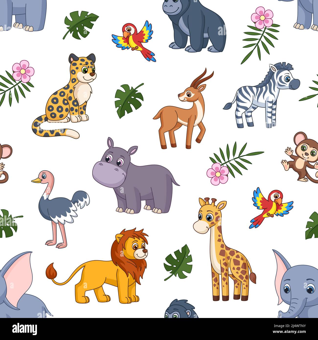 Cartoon Dschungel Tierdruck. Löwe, Elefant und Zebra. Kinder wild Zoo-Charaktere, Safari Leopard und Horilla. Kunst niedlich Kinder exotischen grellen Vektor Stock Vektor