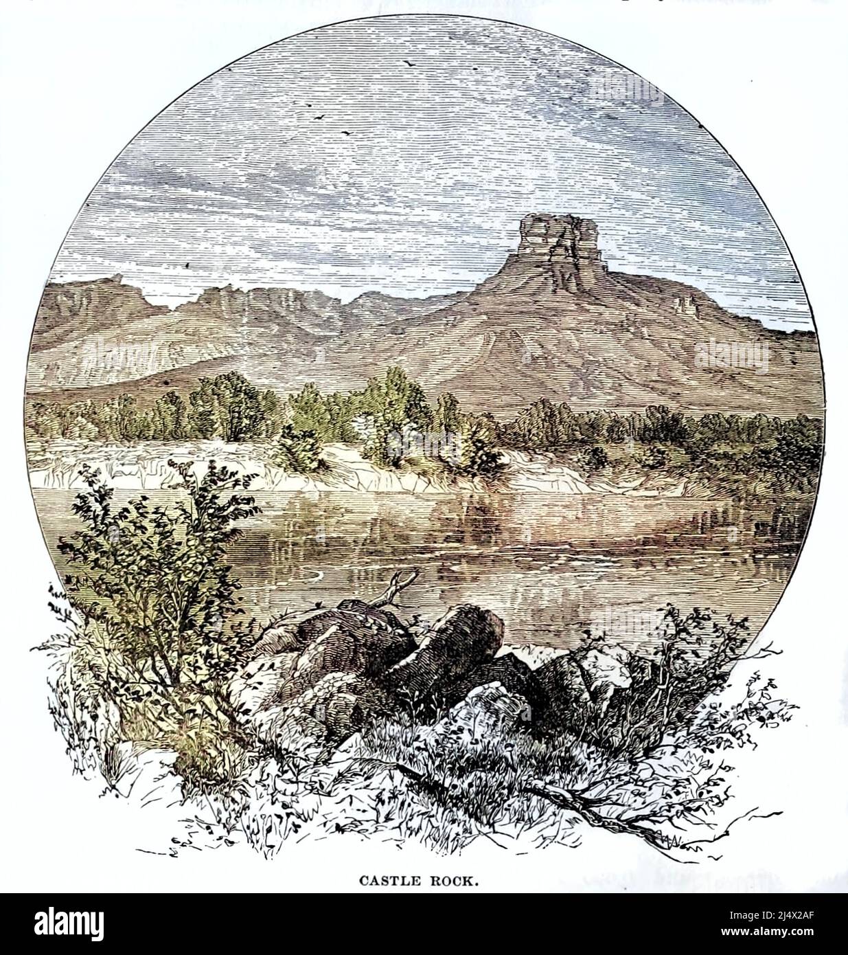 Castle Rock aus dem Buch The Pacific Tourist : Adams & Bishop's illustrierter transkontinentaler Reiseführer vom Atlantik bis zum Pazifik : Mit vollständigen Beschreibungen der Eisenbahnstrecken über den Kontinent, alle Vergnügungsorte und Orte der bekanntesten Landschaft im Fernen Westen, auch aller Städte, Städte, Dörfer, US-Forts, Quellen, Seen, Berge, Routen der Sommerreise, beste Orte für Jagd, Angeln, Sport und Genuss, mit allen notwendigen Informationen für den Vergnügungsreisenden, Bergmann, Siedler oder Geschäftsmann: Ein vollständiger Reiseführer der Union und Central Stockfoto