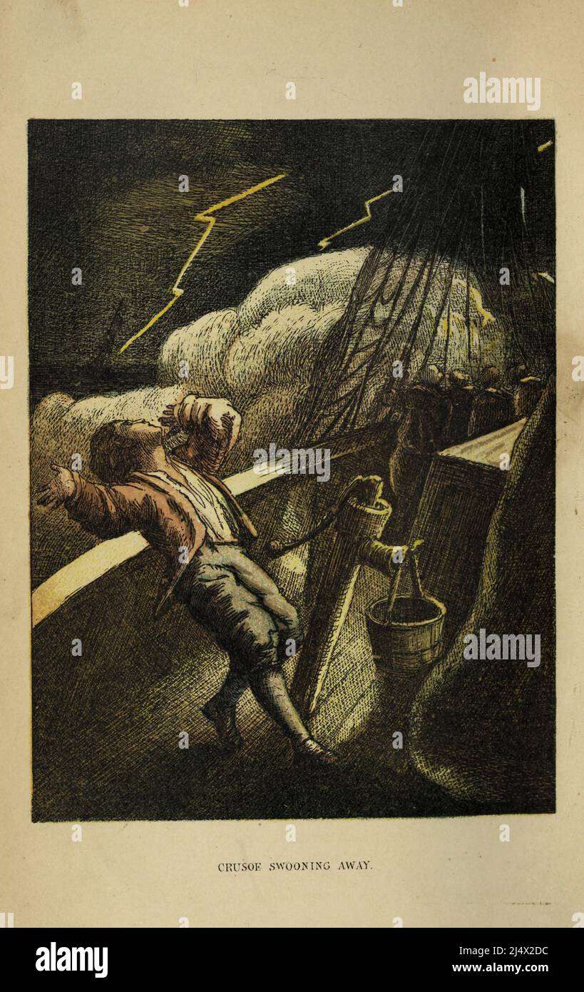 CRUSOE ENTSCHWAND dem Buch The life and Adventures of Robinson Crusoe von Daniel Defoe, farbig illustriert von EDWARD H. WEHNERT. Herausgeber Boston (Franklin and Hawley Streets) : D. Lothrop and Company 1884 Stockfoto