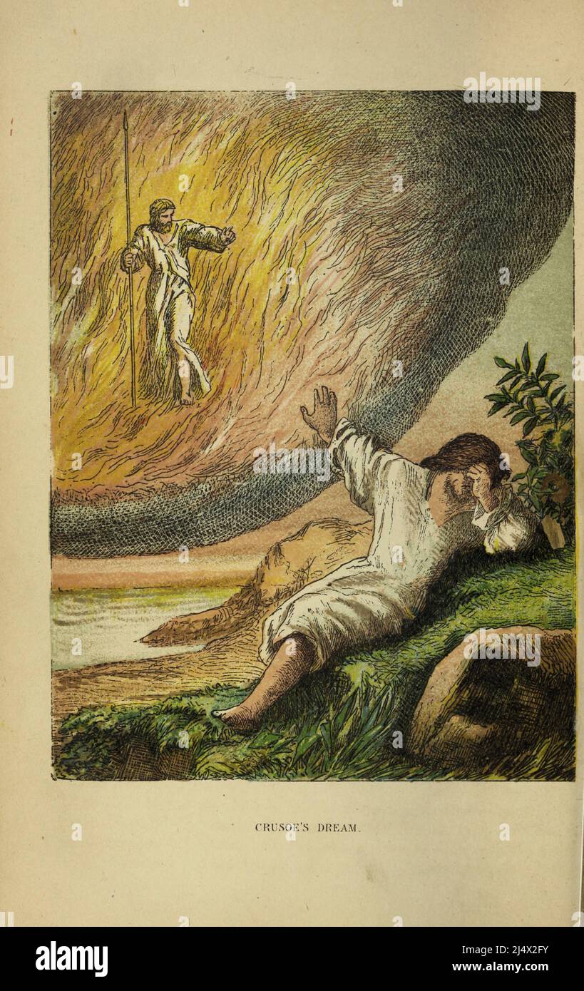 Crusoes Traum aus dem Buch The life and Adventures of Robinson Crusoe von Daniel Defoe, farbig illustriert von EDWARD H. WEHNERT. Herausgeber Boston (Franklin and Hawley Streets) : D. Lothrop and Company 1884 Stockfoto