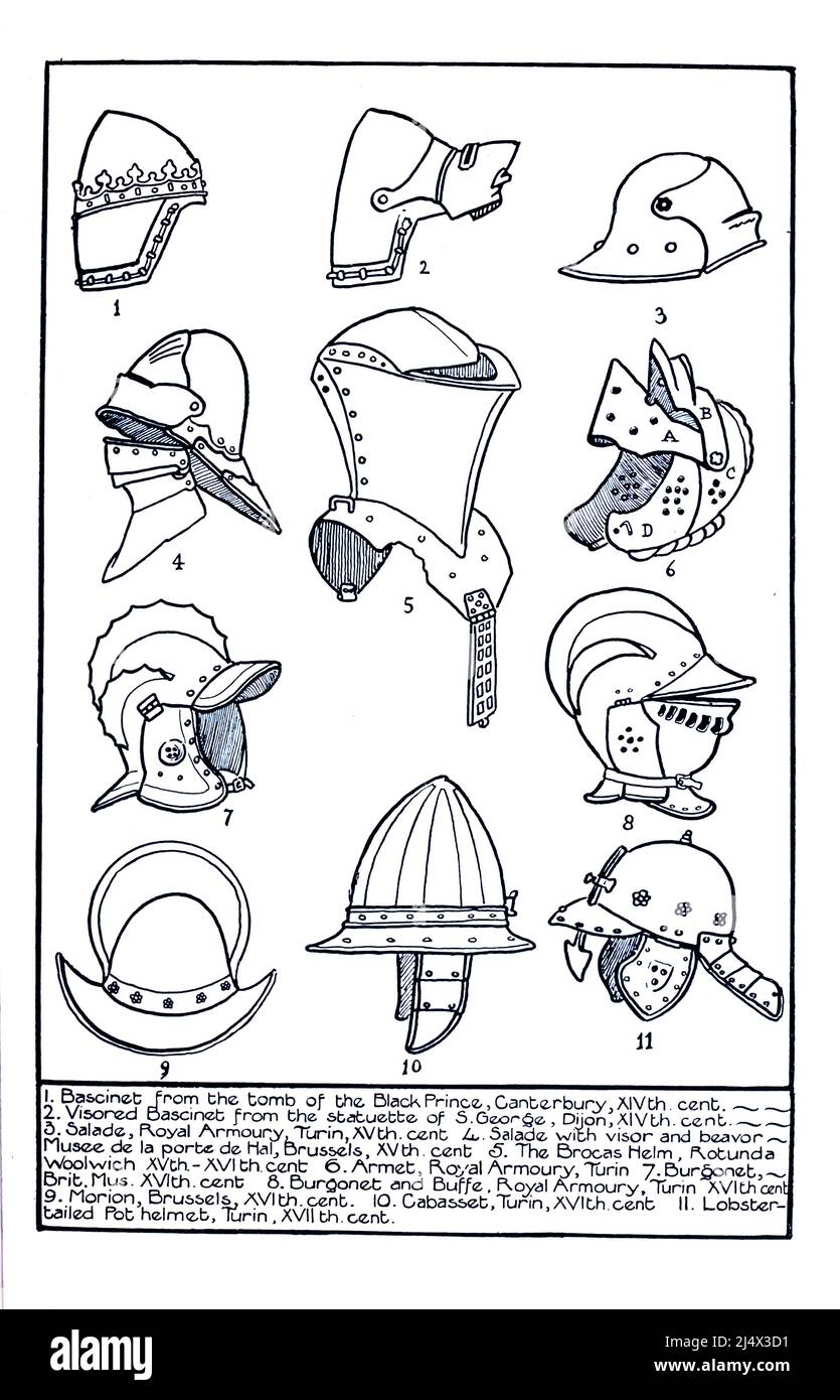 Helme und Visiere, Bascinet (Basinet, Basinet), Visor, Salade (Sallet) aus dem Buch ' Armor & Weapons ' von Charles John Ffoulkes, Publisher Oxford Clarendon press 1909 Stockfoto