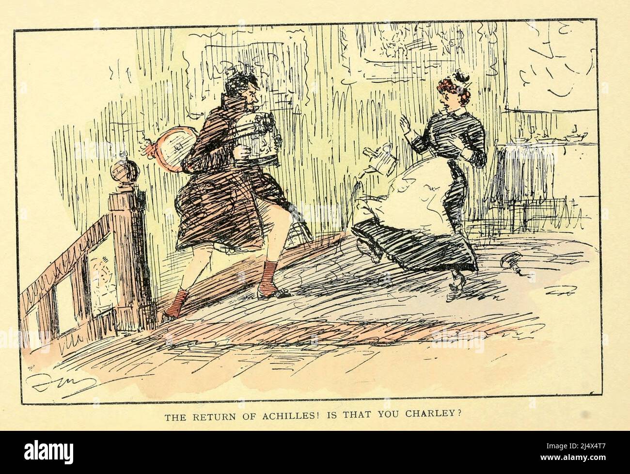 Rückkehr von Achilles - bist du das, Charley ? Farbige Karikaturendarstellung aus dem Buch "When diamonds were Trumps" von Reginald Herbert, illustriert vom Finch Mason Verlag London : W. Southwood 1908 Stockfoto