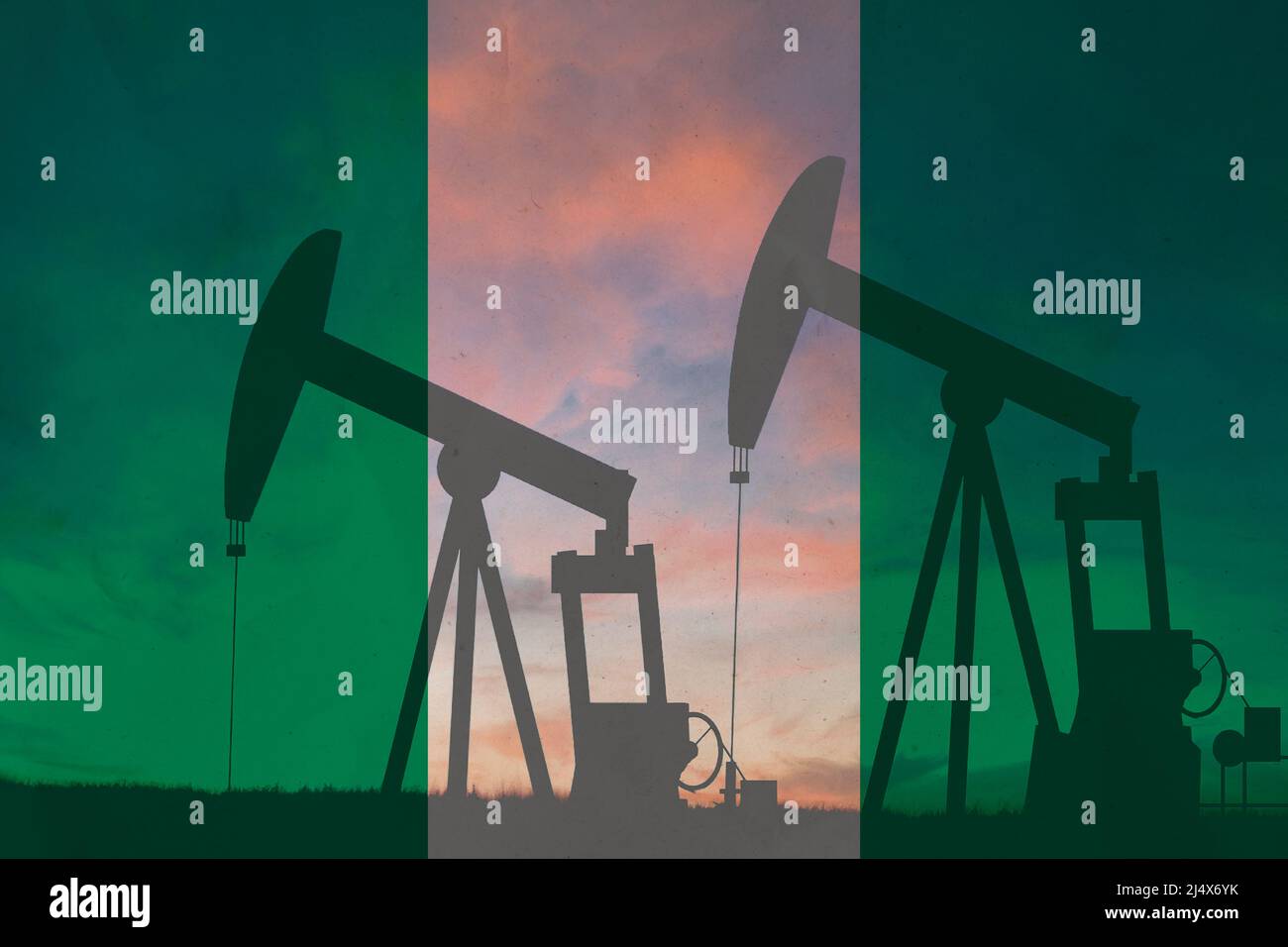 Nigeria Ölindustrie Konzept, industrielle Illustration. Nigeria Flagge und Ölquellen, Aktienmarkt, Börsenwirtschaft und Handel, Ölförderung Stockfoto