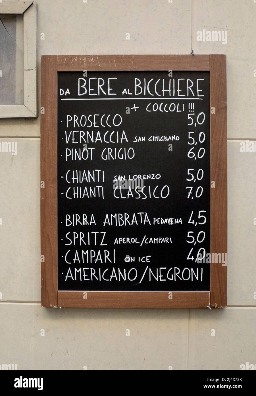 Bar Getränke Menü Schild Florenz Italien Stockfoto