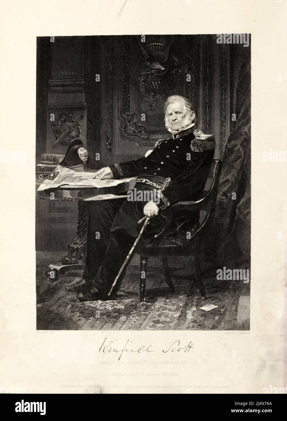Winfield Scott (13. Juni 1786 – 29. Mai 1866) war ein amerikanischer Militärkommandeur und politischer Kandidat. Von 1814 bis 1861 diente er als General in der US-Armee, nahm an dem Krieg von 1812, dem mexikanisch-amerikanischen Krieg, den frühen Stadien des amerikanischen Bürgerkrieges und Konflikten mit Indianern Teil. Scott war bei den Wahlen 1852 Präsidentschaftskandidat der Whig Party, wurde aber vom Demokraten Franklin Pierce besiegt. Er war bekannt als Old Fuss und Feathers für sein Beharßen auf eine richtige militärische Etikette, sowie der große alte Mann der Armee für seine vielen Jahre des Dienstes. Aus dem Buch Stockfoto