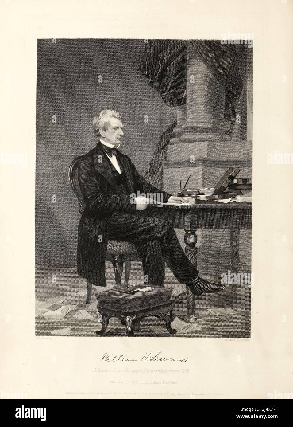 William Henry Seward (16. Mai 1801 – 10. Oktober 1872) war ein amerikanischer Politiker, der von 1861 bis 1869 als Außenminister der Vereinigten Staaten und früher als Gouverneur von New York und als Senator der Vereinigten Staaten fungierte. Als entschiedener Gegner der Ausbreitung der Sklaverei in den Jahren vor dem amerikanischen Bürgerkrieg war er in den prägenden Jahren der Republikanischen Partei eine prominente Persönlichkeit. Und wurde für seine Arbeit im Namen der Union als Staatssekretär während des Bürgerkrieges gewürdigt. Aus dem Buch Geschichte des Krieges für die Union : Zivil-, Militär- und Seefahrt. Gegründet auf offizielle und andere aut Stockfoto