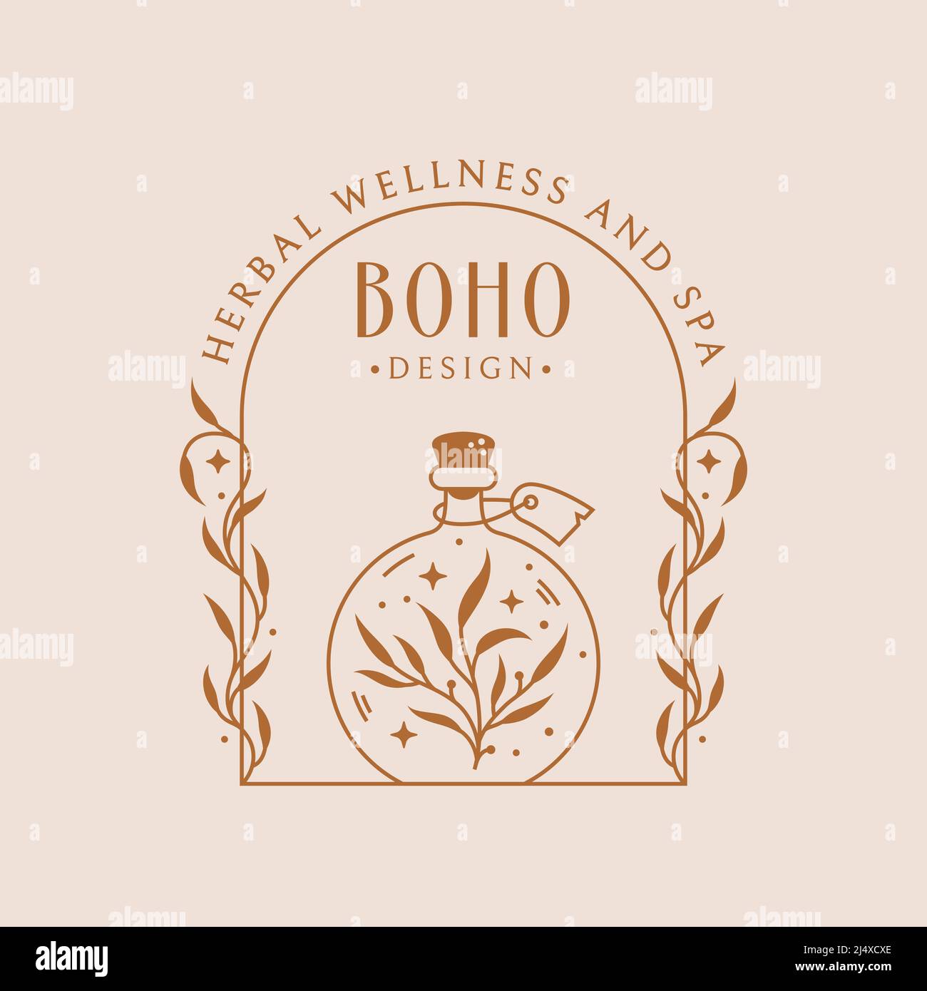 Potion Boho Logo mit magischer Elixierflasche und Pflanzen. Vektor-Emblem für Heilkräuter, Aromatherapie, ätherische Öle, Heilkräuter, Homöopathie. Stock Vektor