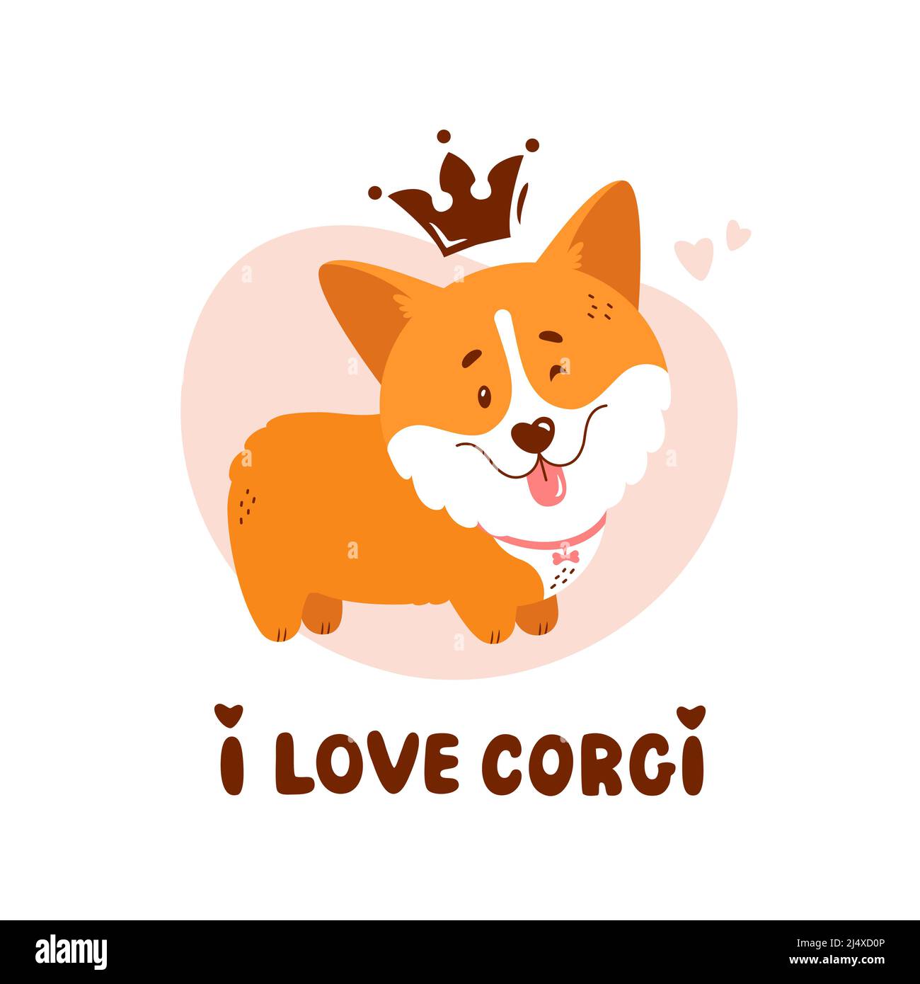 Süßer Corgi-Welpe mit Krone und Zitat - ich liebe Corgi. Vektordarstellung auf weißem Hintergrund isoliert. Witziger Hund und handgezeichnete Schriftzüge. Stock Vektor