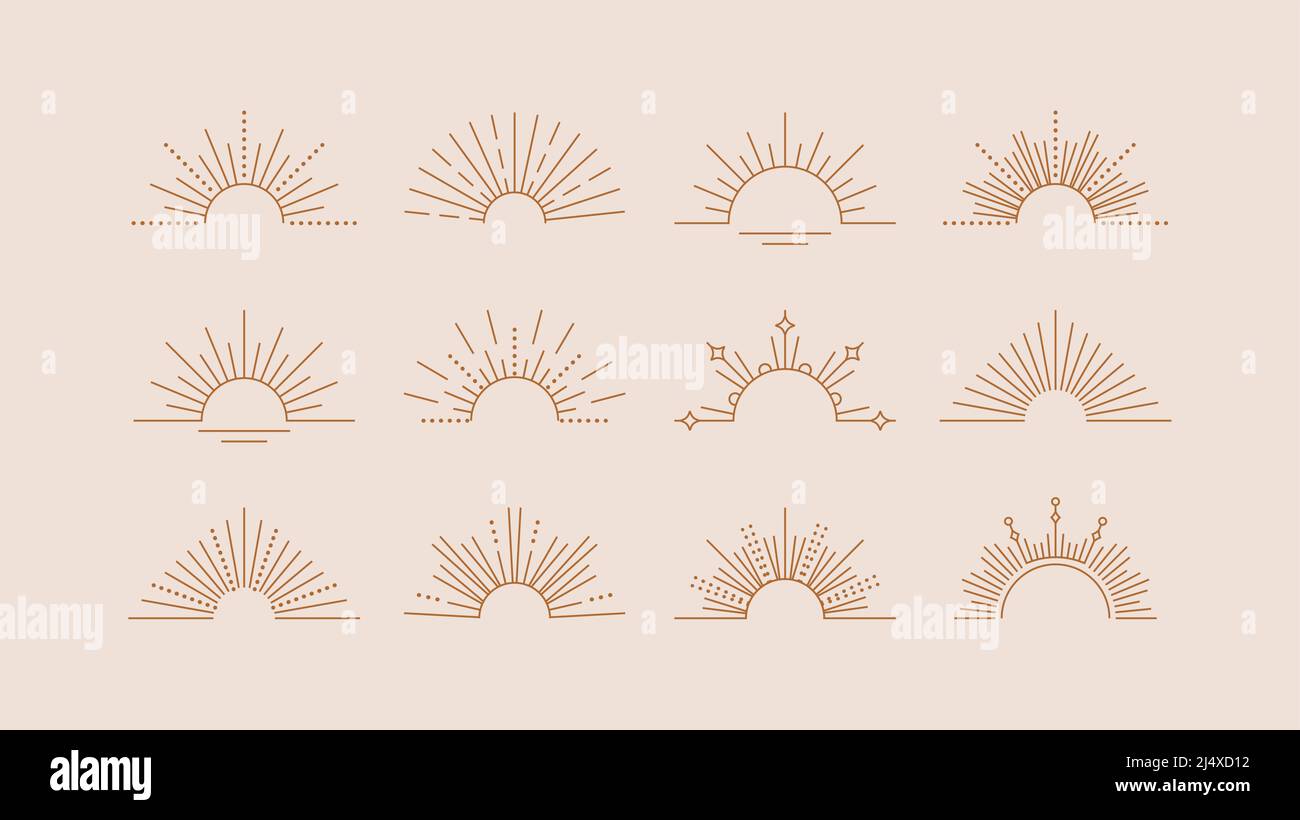 Designelemente der Linie Sun Rays. Lineare Vektorsymbole im minimalistischen Boho-Stil. Ein halber Kreis formt Logos. Symbole für Sonnenuntergang oder Sonnenaufgang eingestellt. Stock Vektor