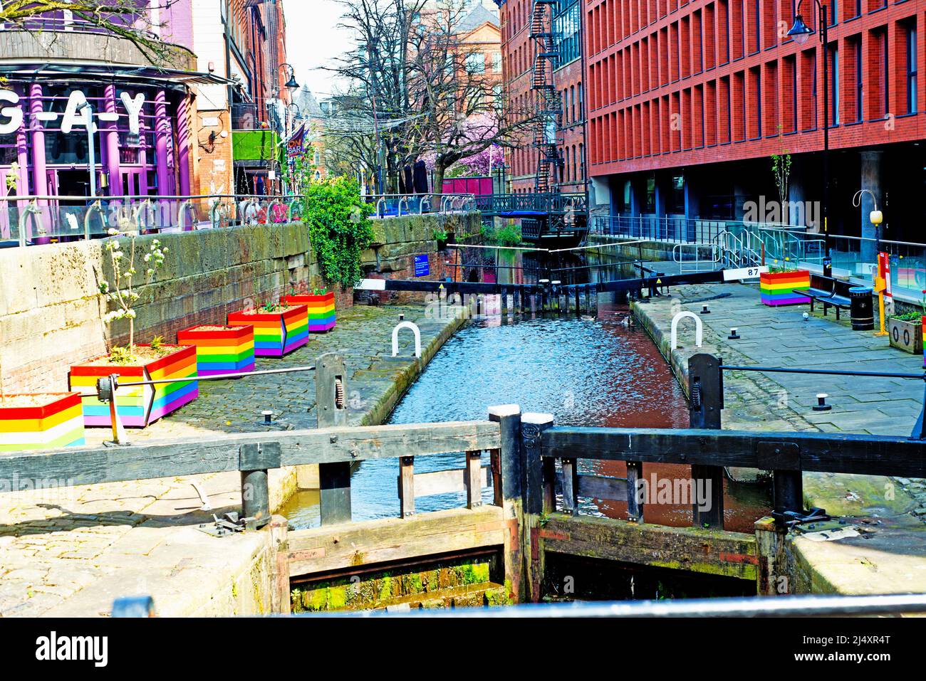 Rochdale Canal und Canal Street, Manchester, England Stockfoto