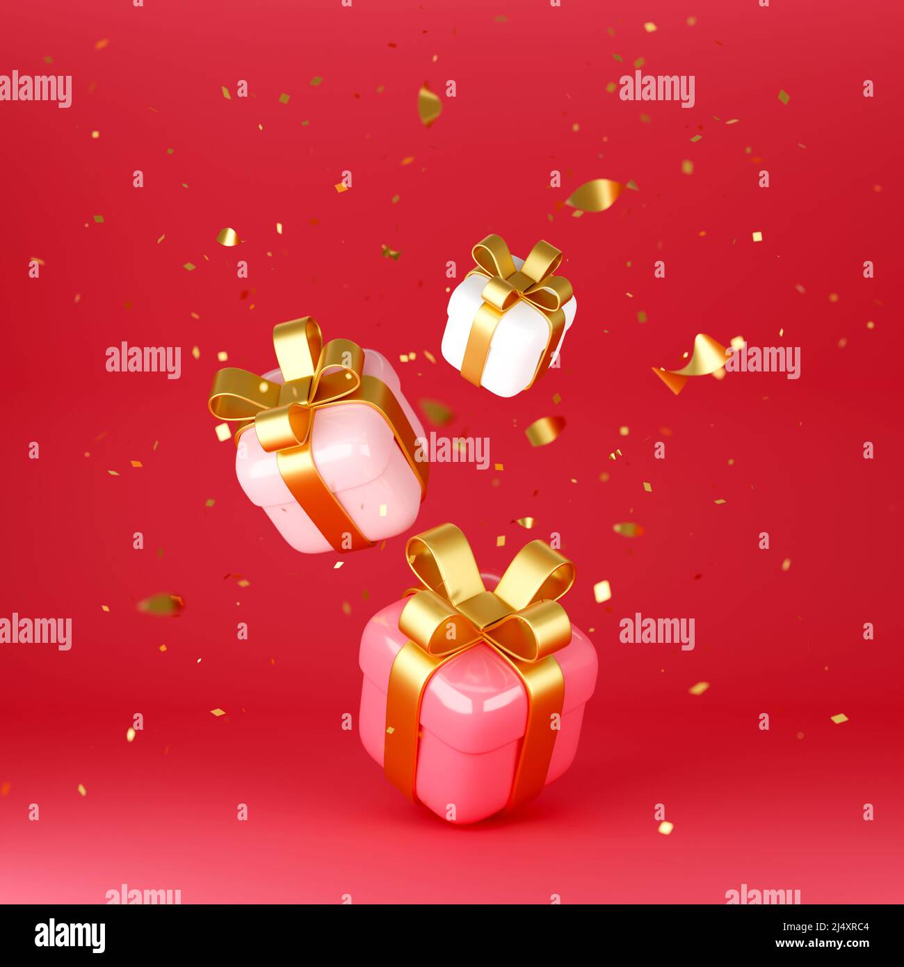 Rote, rosa und weiße Geschenkschachteln und goldene Konfetti fallen auf roten Hintergrund Stockfoto