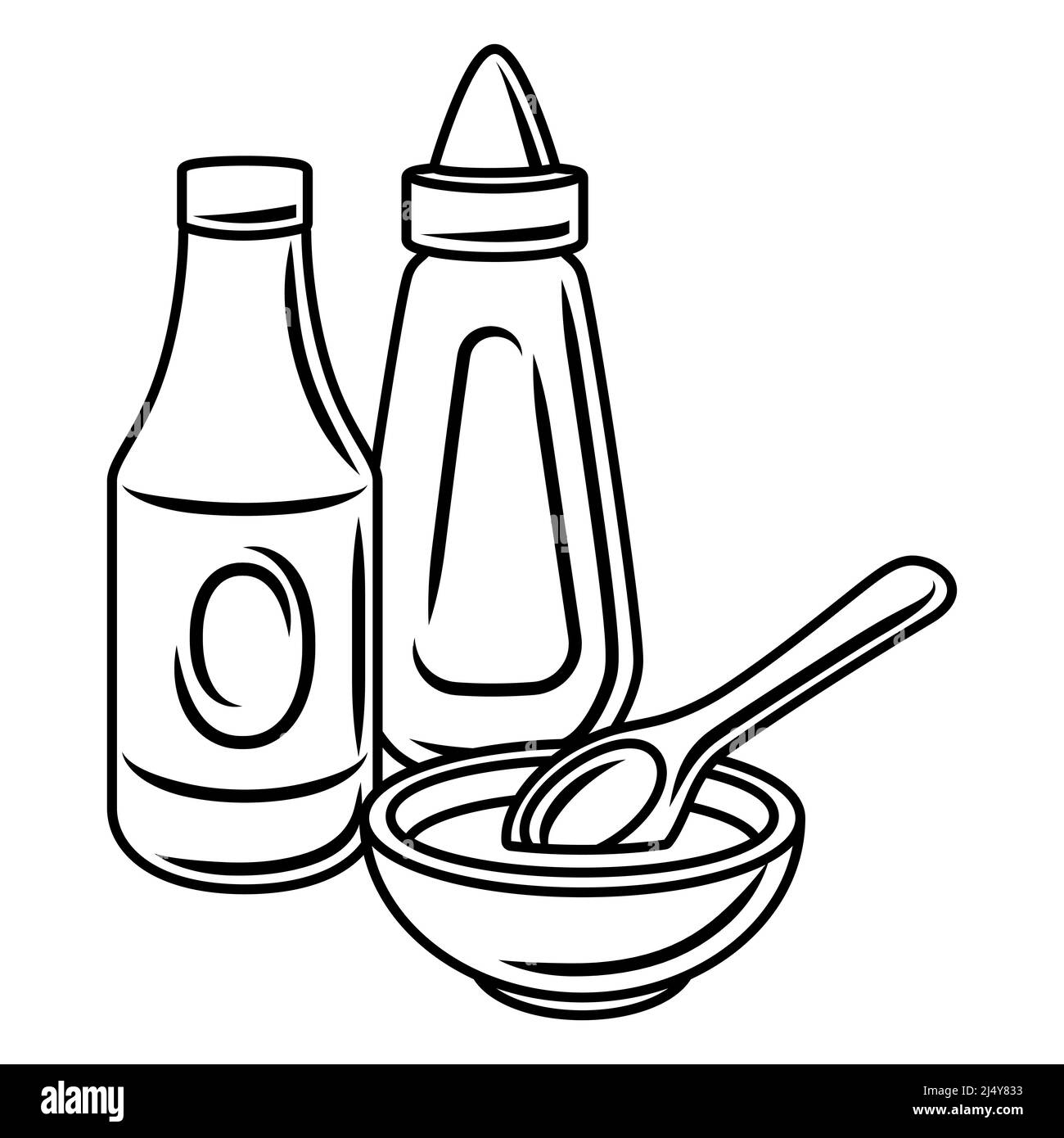 BBQ-Illustration mit Senf- und Ketchup-Saucen. Stilisierte Küche- und Restaurantmenüs. Stock Vektor