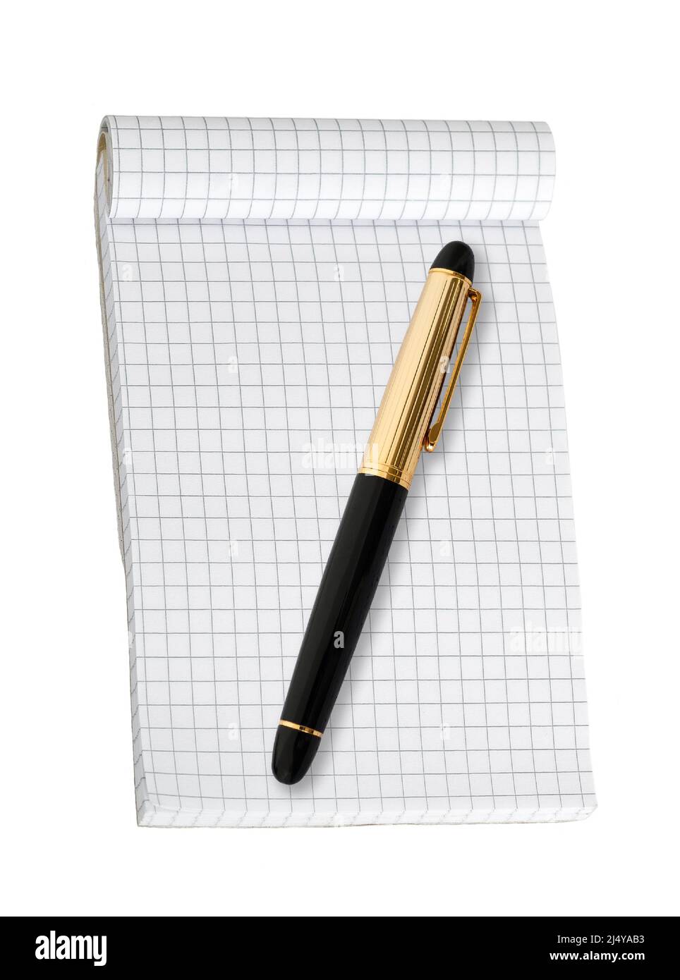 Blockieren Sie Notizen mit einem Stift, der auf Weiß isoliert ist Stockfoto