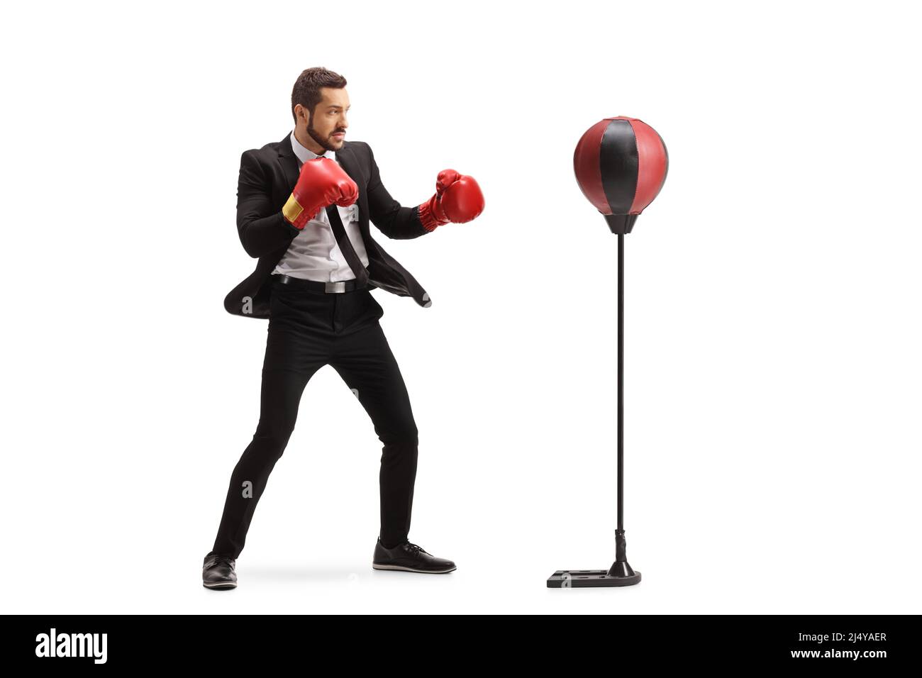 Ganzkörperaufnahme eines Geschäftsmannes mit Boxhandschuhen, die mit einem freistehenden Boxsack auf weißem Hintergrund trainieren Stockfoto