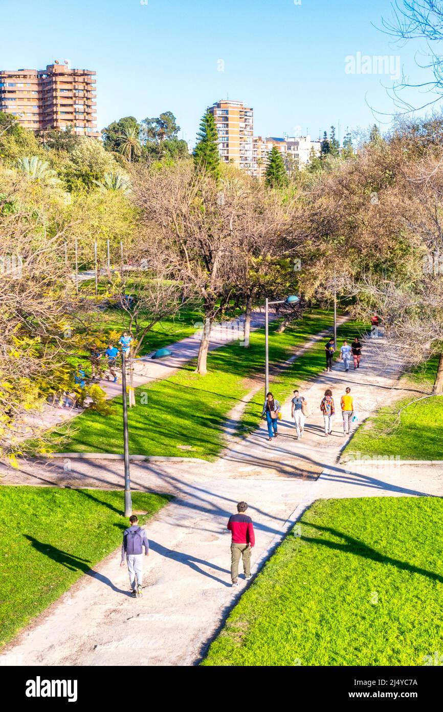 Menschen, die in den Nachmittagsstunden in einem öffentlichen Park spazieren gehen. Die Stadt Valencia ist die Hauptstadt der gleichnamigen spanischen Provinz. Stockfoto