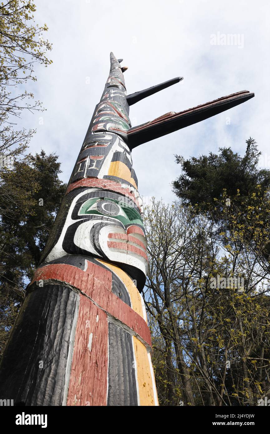 Der Beacon Hill Park Story Pole, der höchste freistehende Totempfahl der Welt, in Victoria, BC, Kanada. Stockfoto