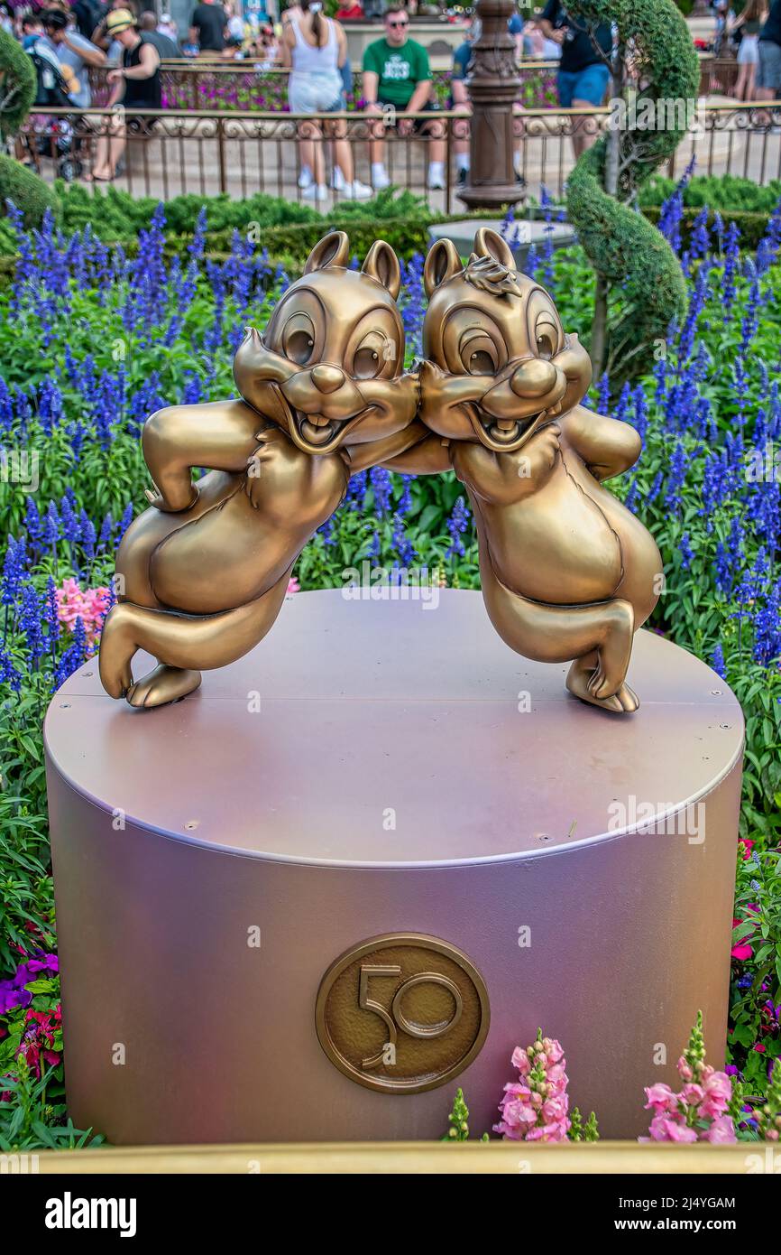 Chip and Dale Gold Statue 50. Anniversary Disney Magic Kingdom Stockfoto