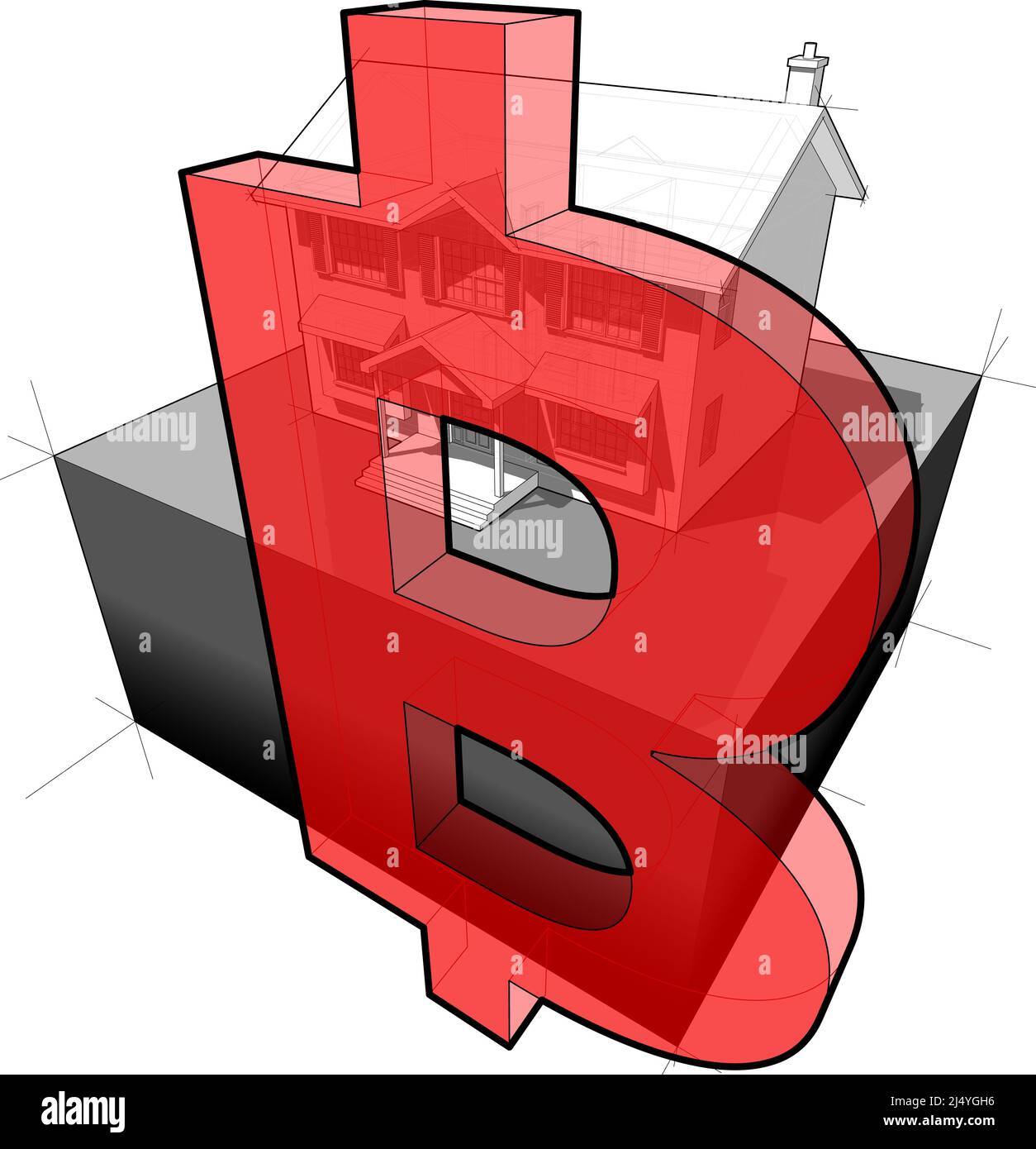 Diagramm eines klassischen Kolonialhauses und Bitcoin-Zeichen Stockfoto