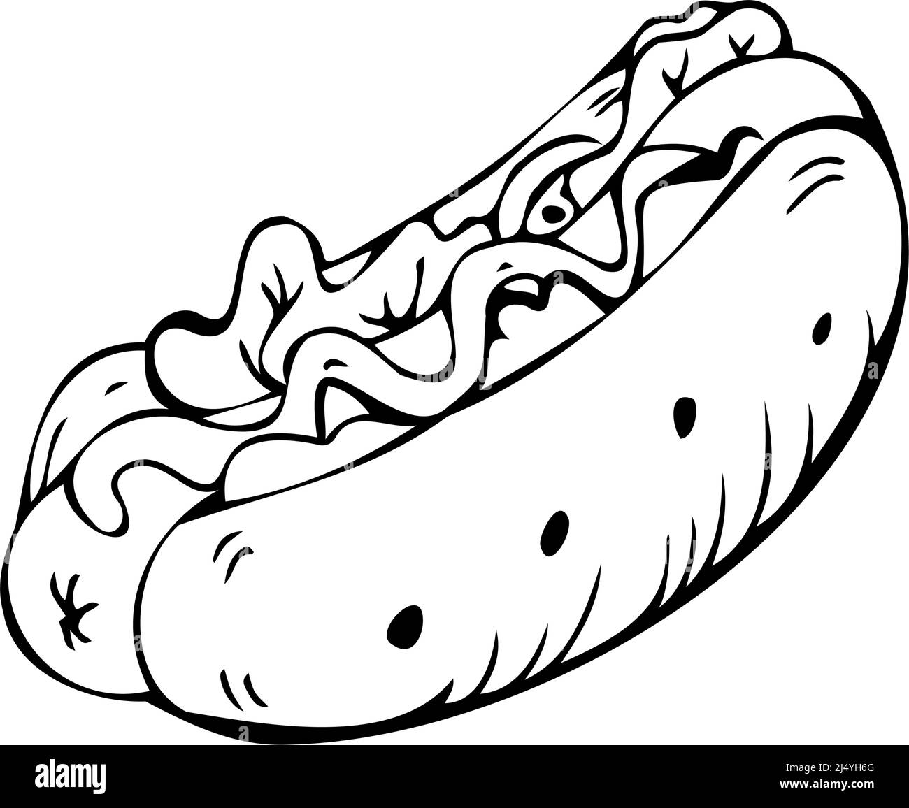American Hot Dog dünne schwarze Linien auf weißem Hintergrund - Vektor-Illustration Stock Vektor