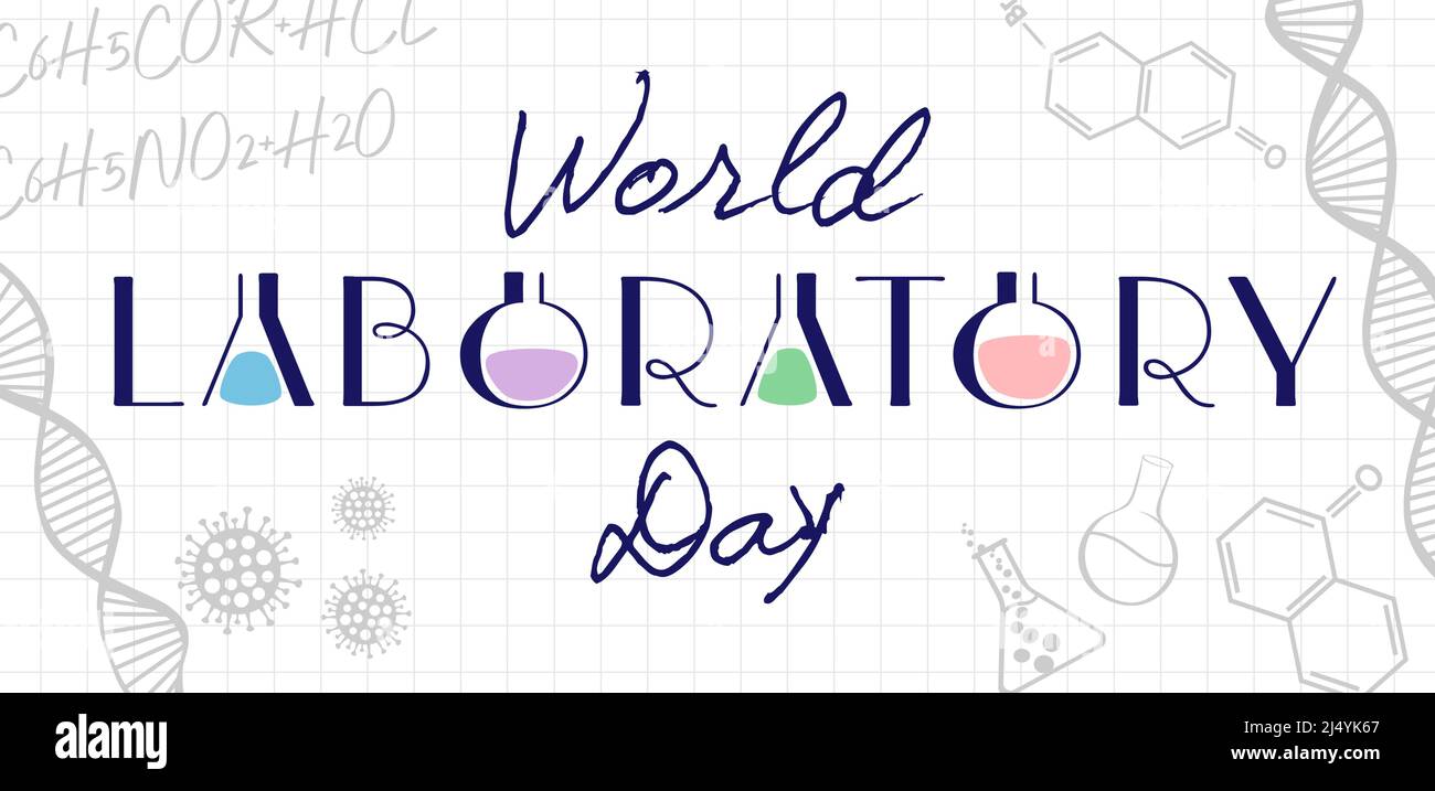 Modernes Banner zum Weltlabortag. Grußkarte zum Internationalen Tag des Labors am 23 24. April. Kreative Typografie und chemischer Hintergrund, Konzept. Isolierte Stock Vektor