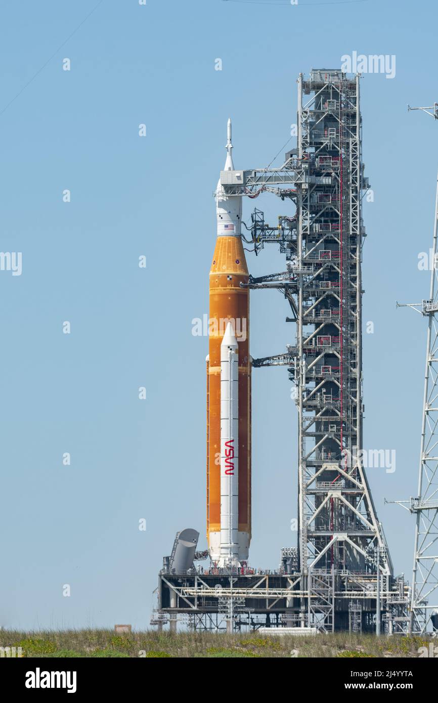 NASA Space Launch System Rocket auf dem Launch Pad 39B Stockfoto